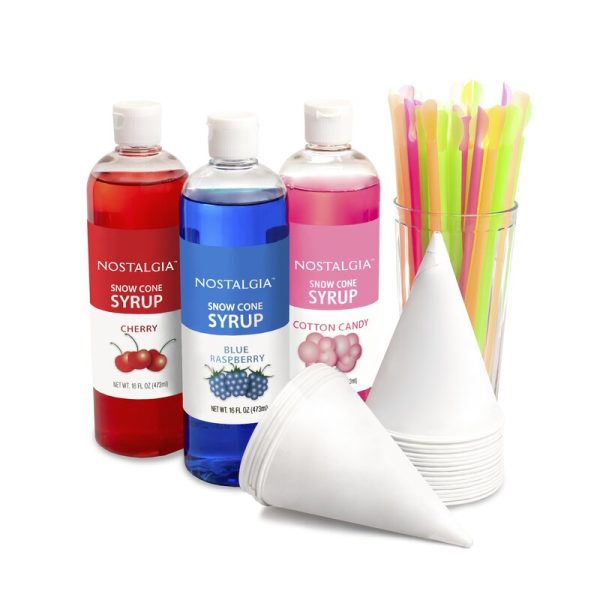 Nostalgia Premium Snow Cone Syrup Party Kit, 20 Snow Cones, 20 Spoons Straws, Blue Raspberry, Cherry, Cotton Candy 6445RR Cheap
