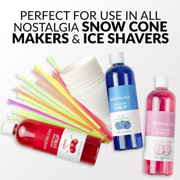 Nostalgia Premium Snow Cone Syrup Party Kit, 20 Snow Cones, 20 Spoons Straws, Blue Raspberry, Cherry, Cotton Candy 6445RR Cheap - Image 4