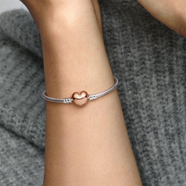 PANDORA : Pandora Moments Heart Clasp Snake Chain Bracelet in Sterling Silver & Rose Gold on Sale - Image 3